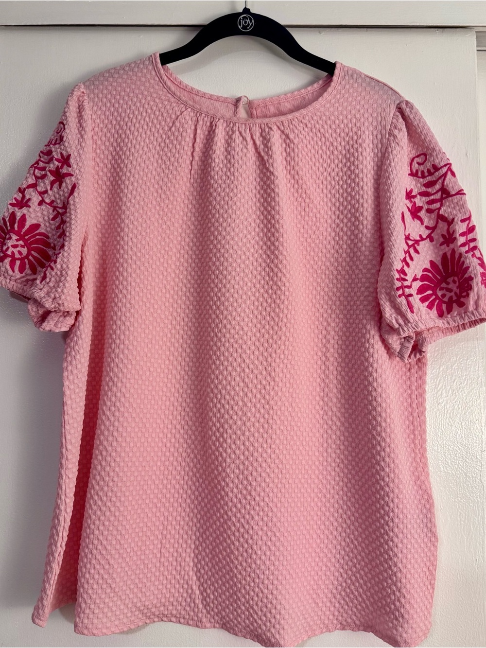 SHEIN Pink Textured Tunic with Dark Pink Floral Embroidered Sleeves